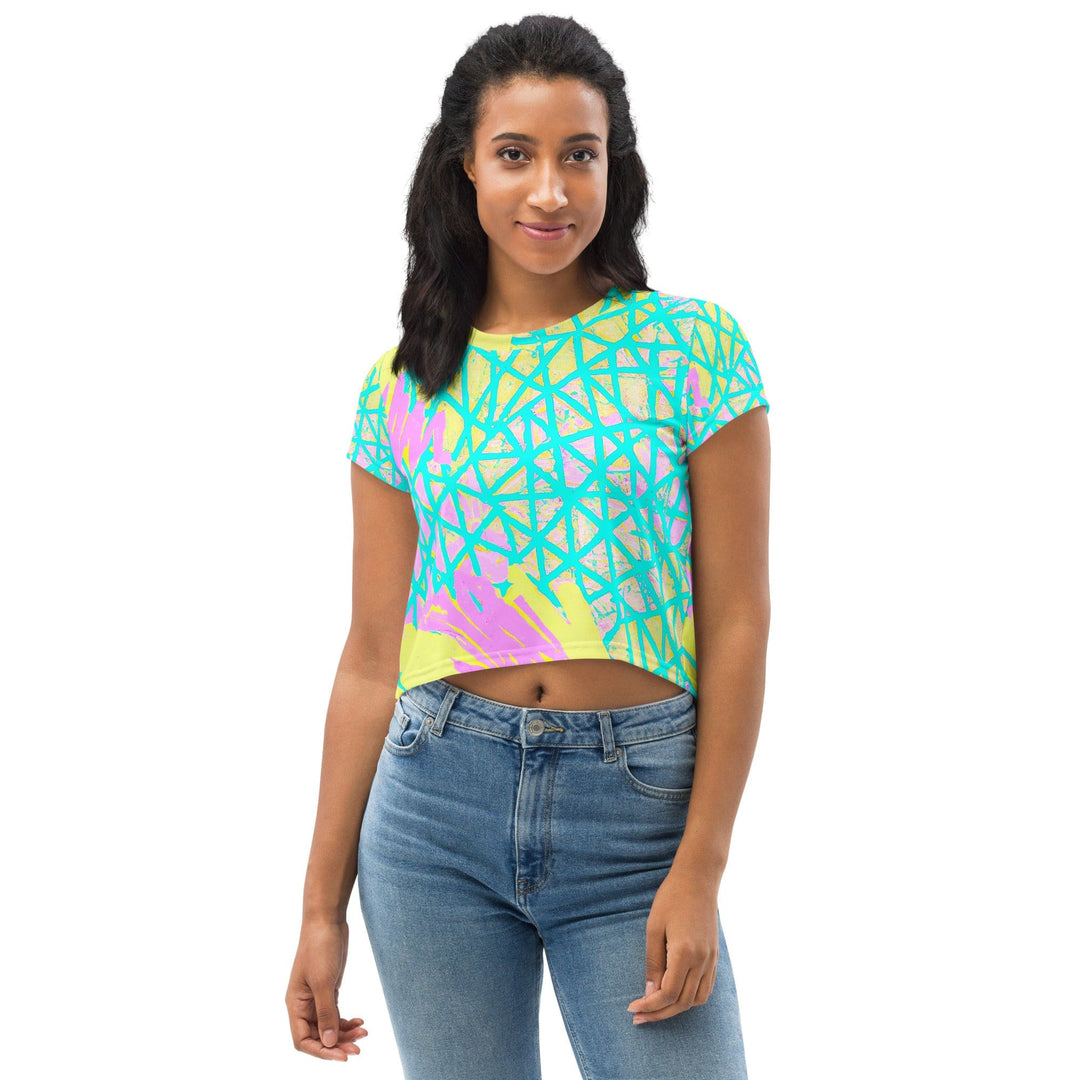 Womens Stretch Fit Crop Tee T-shirt - Cyan Blue Lime Green and Pink Pattern