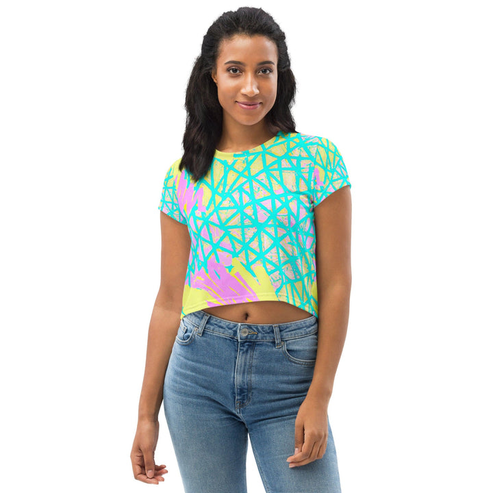 Womens Stretch Fit Crop Tee T-shirt - Cyan Blue Lime Green and Pink Pattern