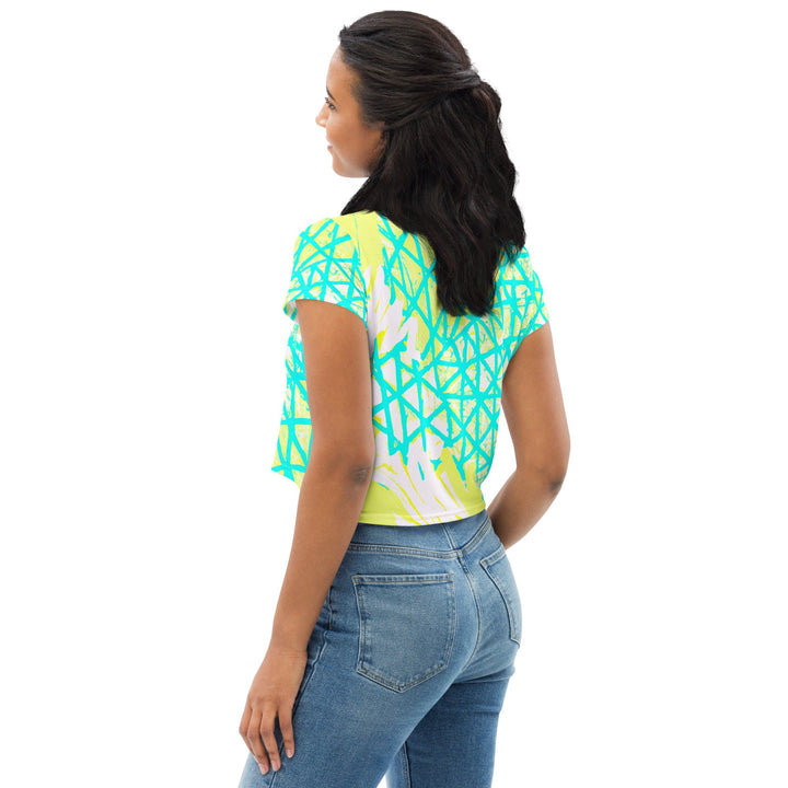 Womens Stretch Fit Crop Tee T-shirt - Cyan Blue Lime Green and White Pattern