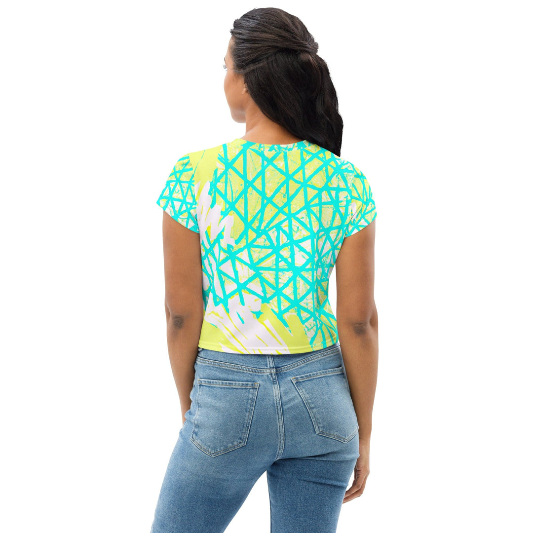 Womens Stretch Fit Crop Tee T-shirt - Cyan Blue Lime Green and White Pattern