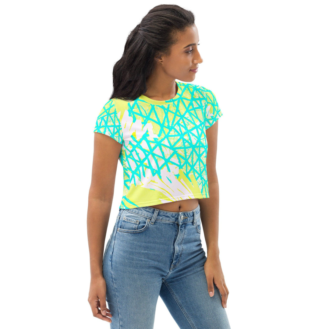 Womens Stretch Fit Crop Tee T-shirt - Cyan Blue Lime Green and White Pattern