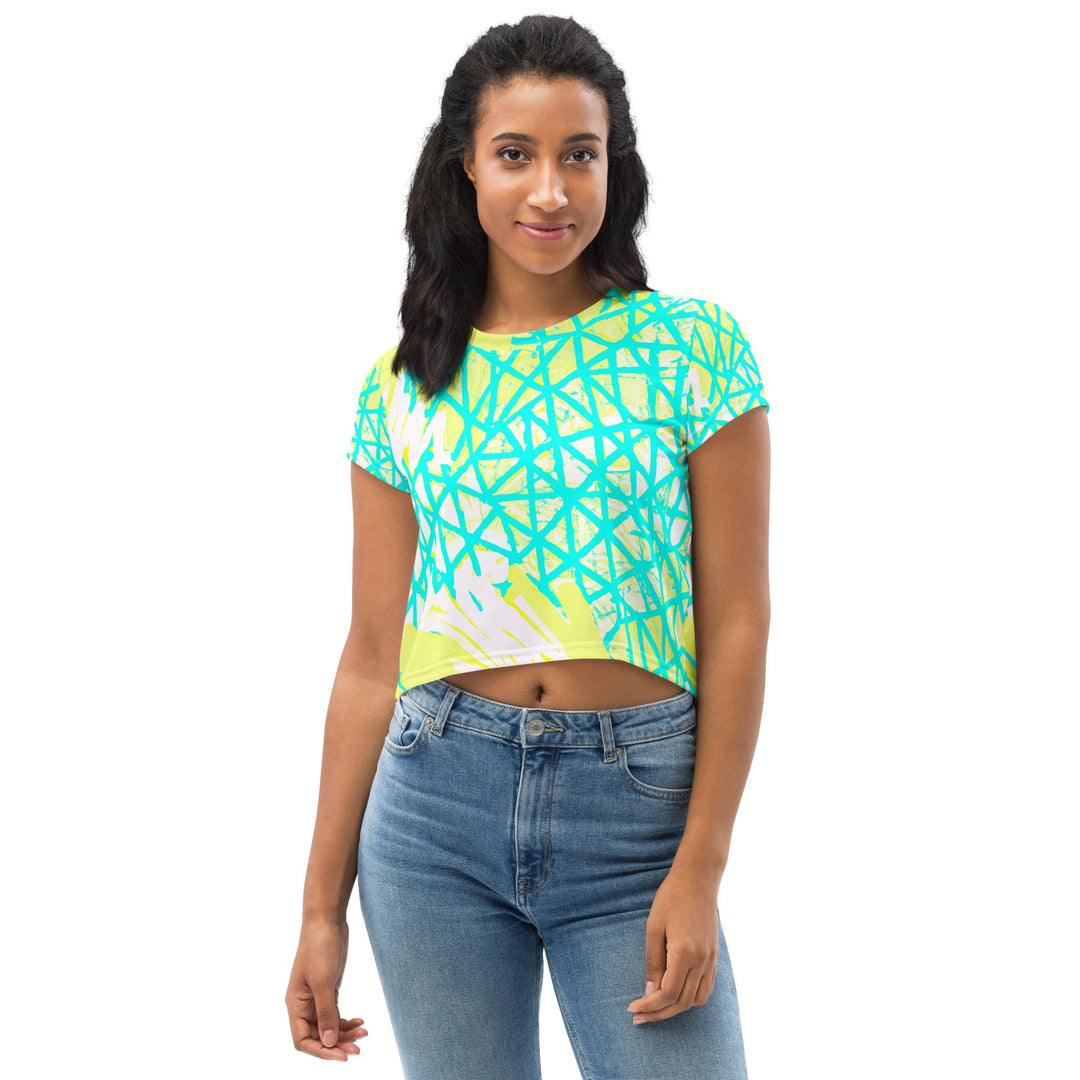 Womens Stretch Fit Crop Tee T-shirt - Cyan Blue Lime Green and White Pattern