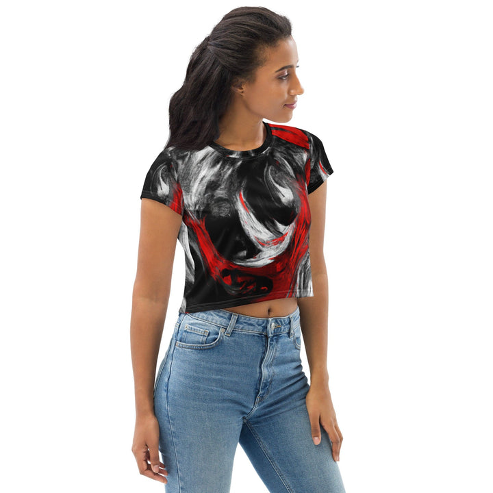Womens Stretch Fit Crop Tee T-shirt - Decorative Black Red White Abstract