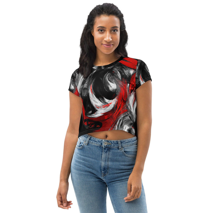 Womens Stretch Fit Crop Tee T-shirt - Decorative Black Red White Abstract