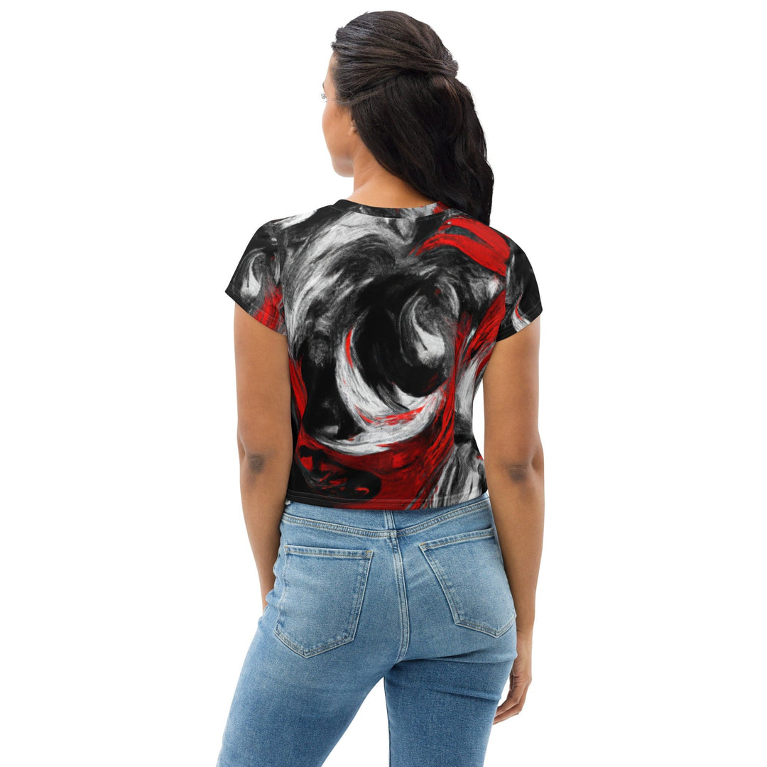 Womens Stretch Fit Crop Tee T-shirt - Decorative Black Red White Abstract