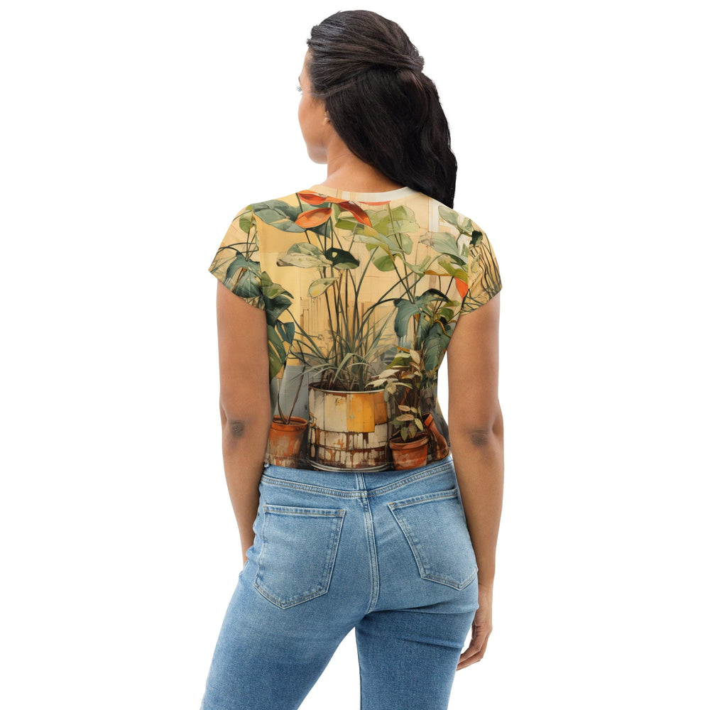 Womens Stretch Fit Crop Tee T-shirt - Earthy Rustic Potted Plants Print