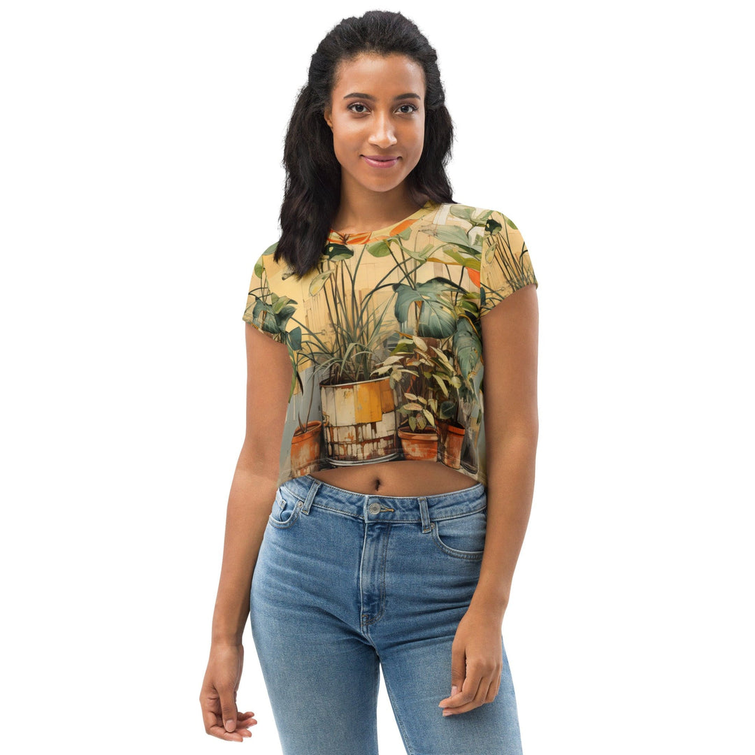 Womens Stretch Fit Crop Tee T-shirt - Earthy Rustic Potted Plants Print