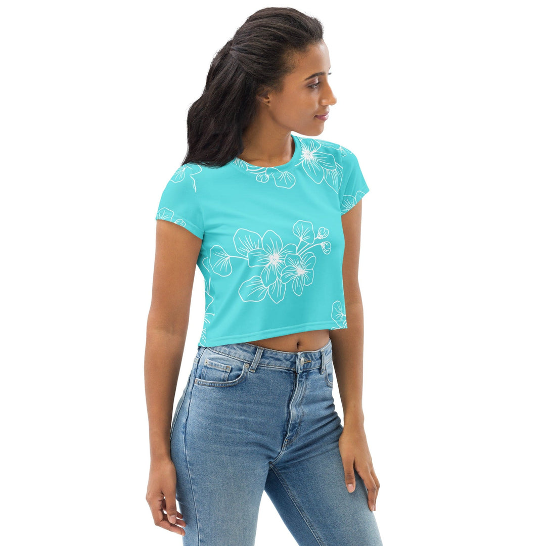 Womens Stretch Fit Crop Tee T-shirt - Floral Cyan Blue 7022523