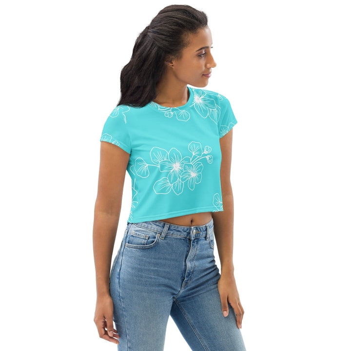 Womens Stretch Fit Crop Tee T-shirt - Floral Cyan Blue 7022523