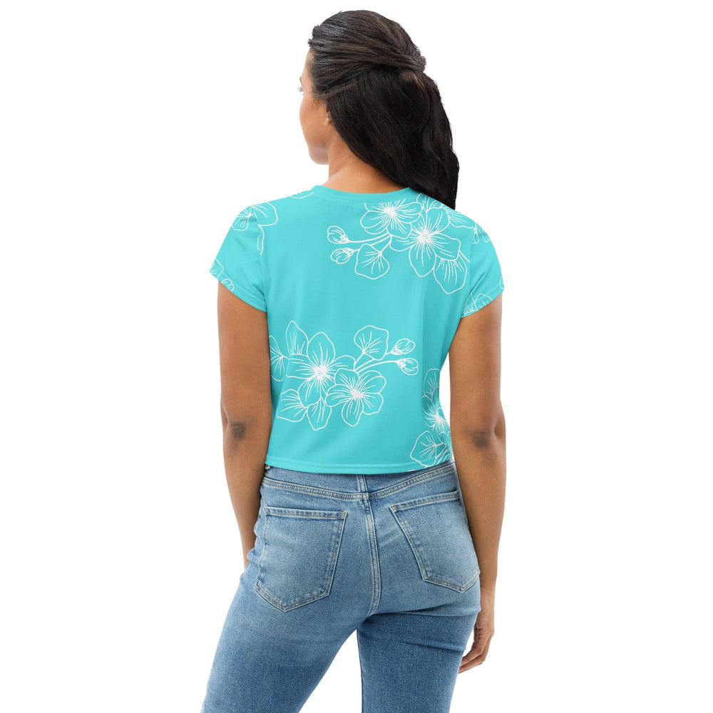 Womens Stretch Fit Crop Tee T-shirt - Floral Cyan Blue 7022523