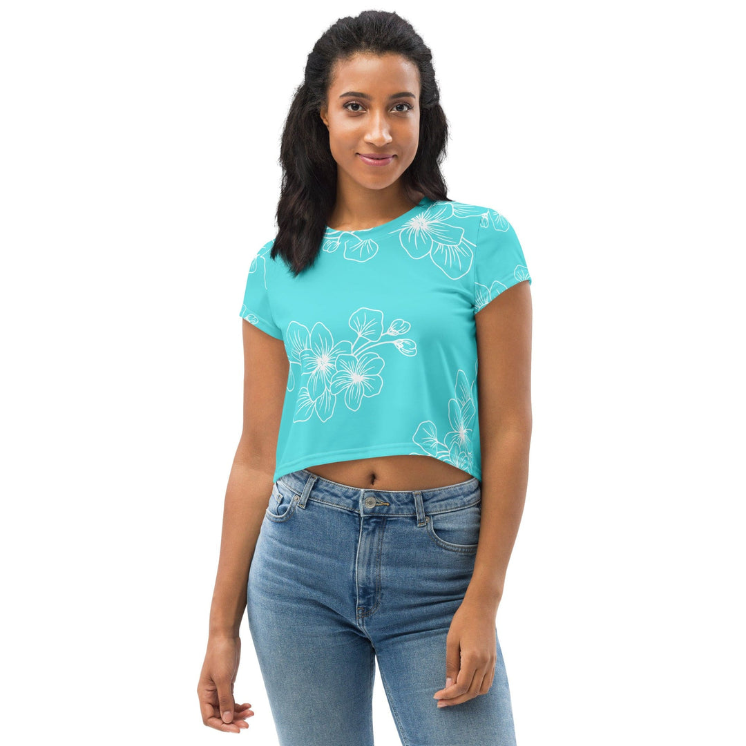 Womens Stretch Fit Crop Tee T-shirt - Floral Cyan Blue 7022523