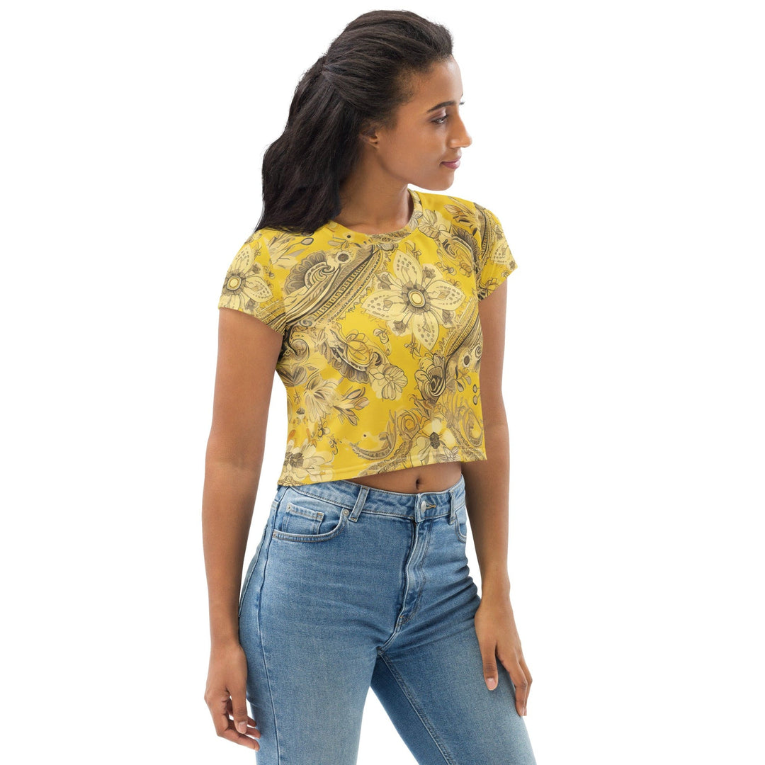 Womens Stretch Fit Crop Tee T-shirt - Floral Yellow Bandanna Print