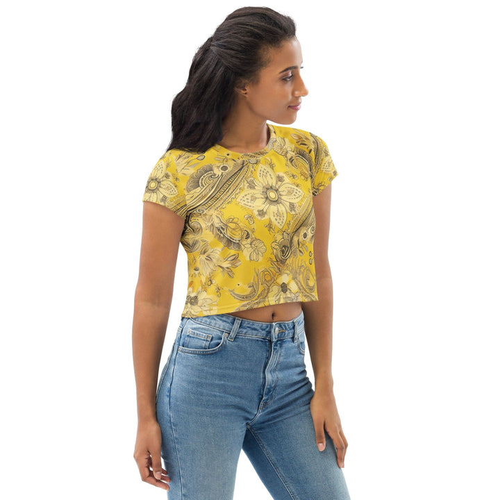 Womens Stretch Fit Crop Tee T-shirt - Floral Yellow Bandanna Print