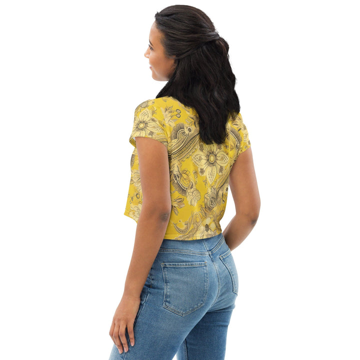 Womens Stretch Fit Crop Tee T-shirt - Floral Yellow Bandanna Print