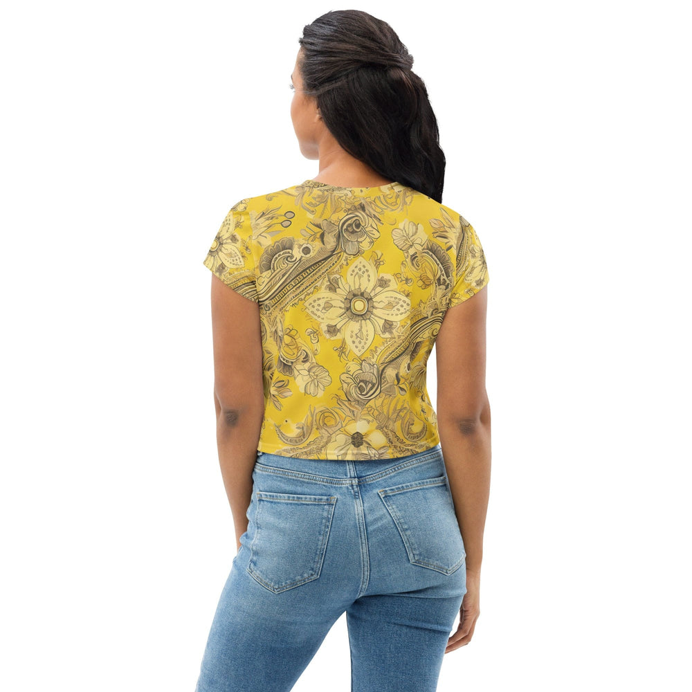 Womens Stretch Fit Crop Tee T-shirt - Floral Yellow Bandanna Print