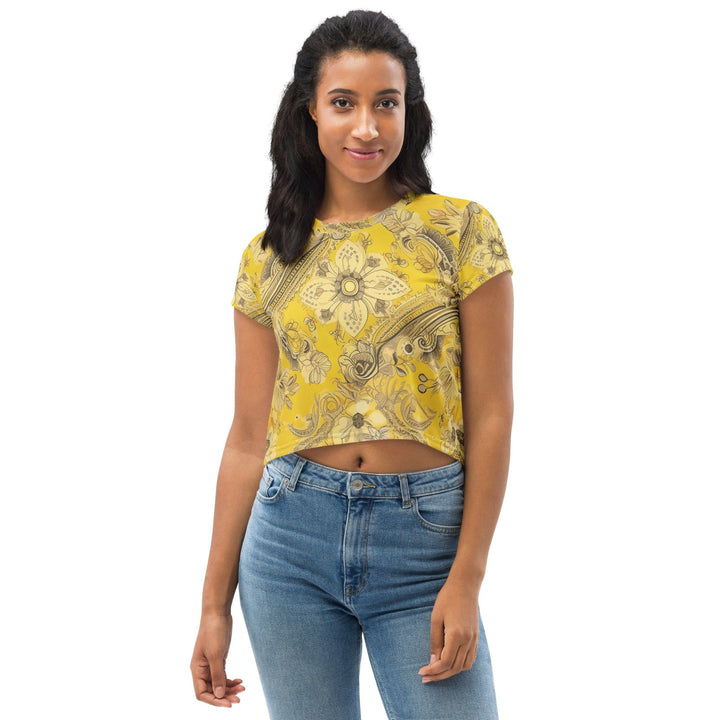 Womens Stretch Fit Crop Tee T-shirt - Floral Yellow Bandanna Print