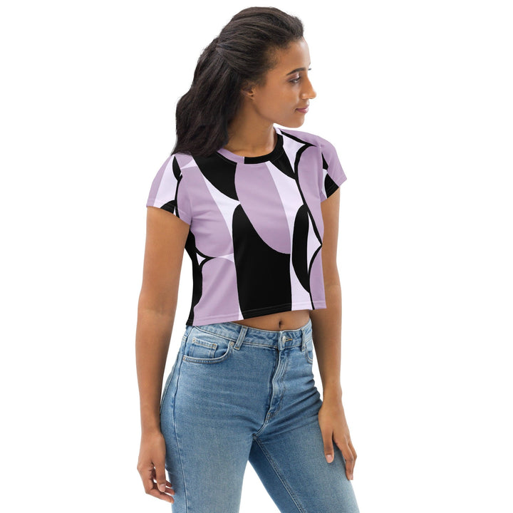 Womens Stretch Fit Crop Tee T-shirt - Geometric Lavender and Black Pattern