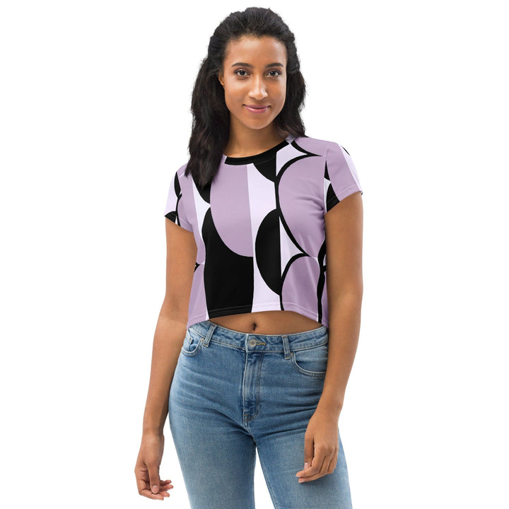 Womens Stretch Fit Crop Tee T-shirt - Geometric Lavender and Black Pattern