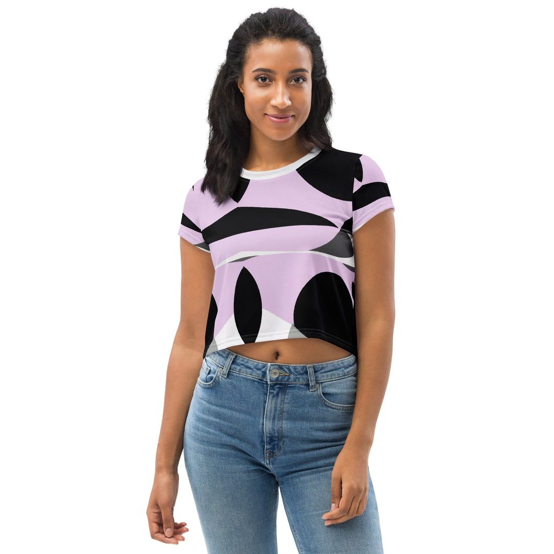 Womens Stretch Fit Crop Tee T-shirt - Geometric Lavender and Black Pattern