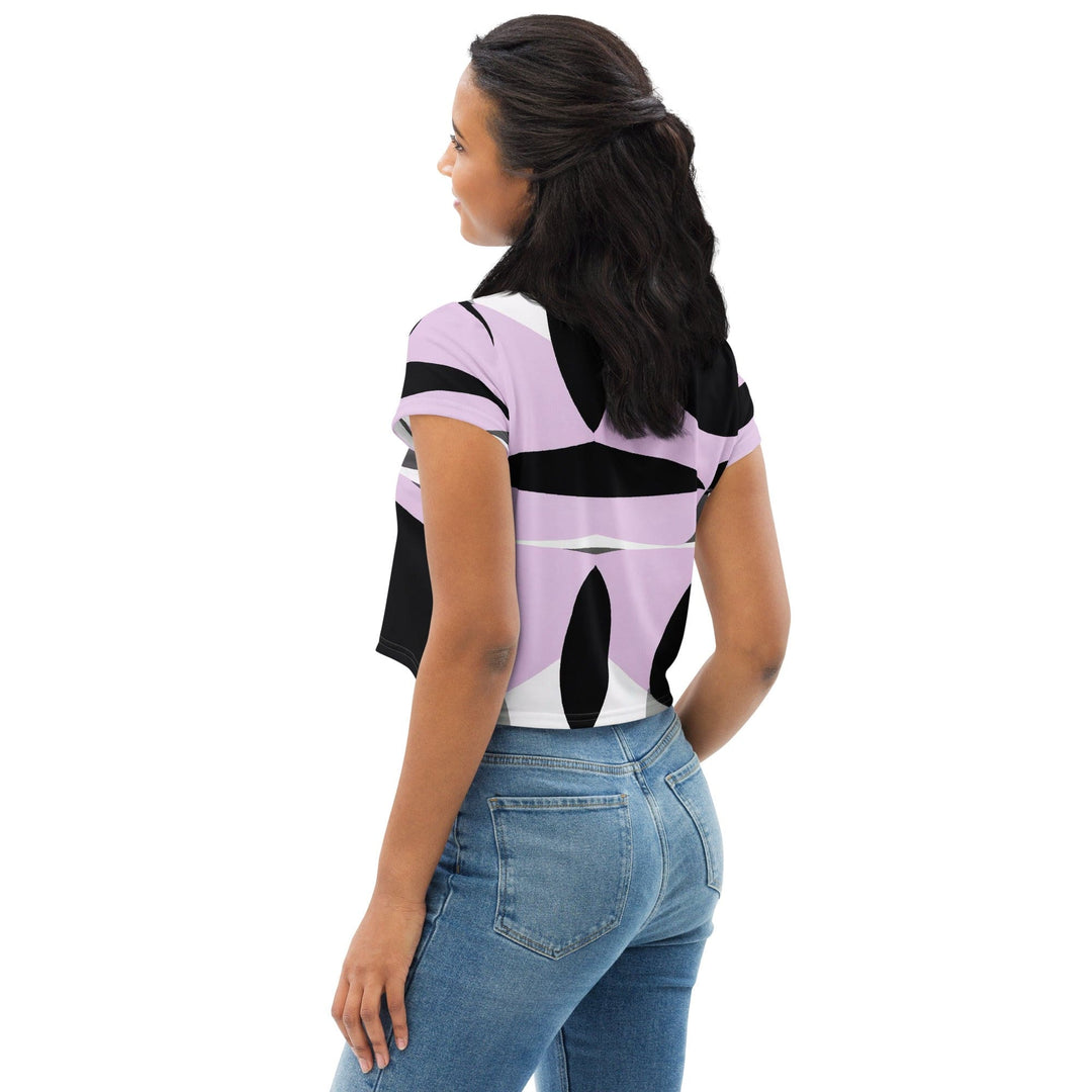 Womens Stretch Fit Crop Tee T-shirt - Geometric Lavender and Black Pattern