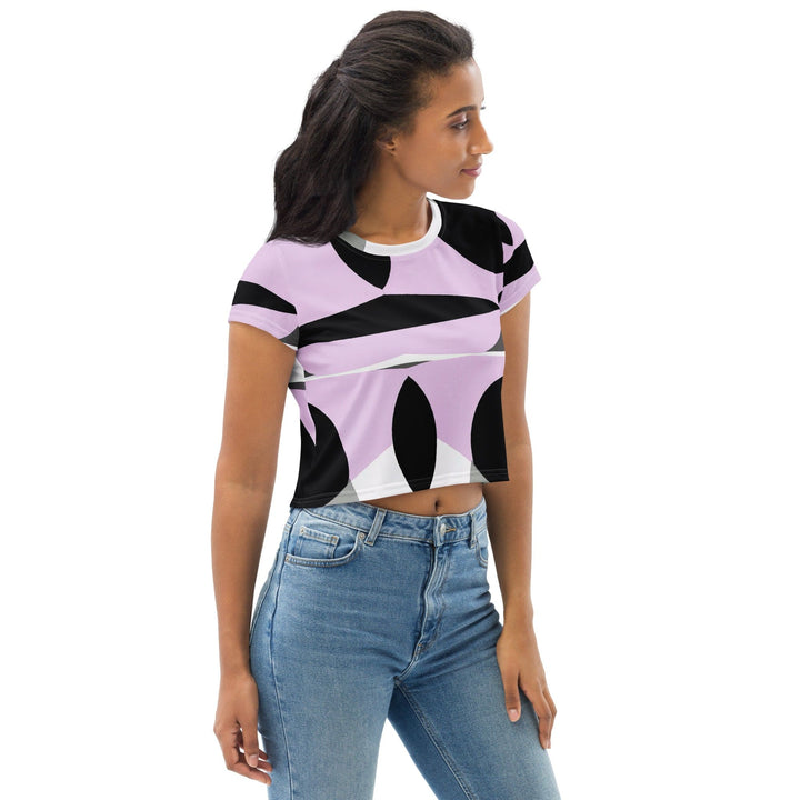 Womens Stretch Fit Crop Tee T-shirt - Geometric Lavender and Black Pattern