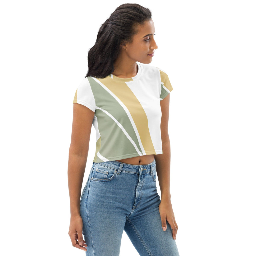 Womens Stretch Fit Crop Tee T-shirt - Green Abstract Geometric Pattern