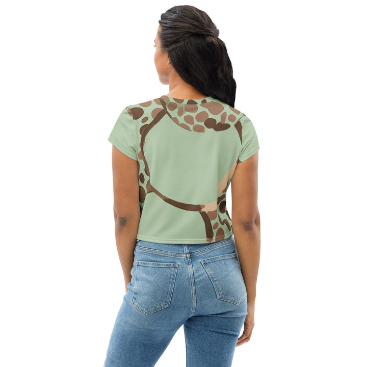 Womens Stretch Fit Crop Tee T-shirt - Green Beige Spotted Print