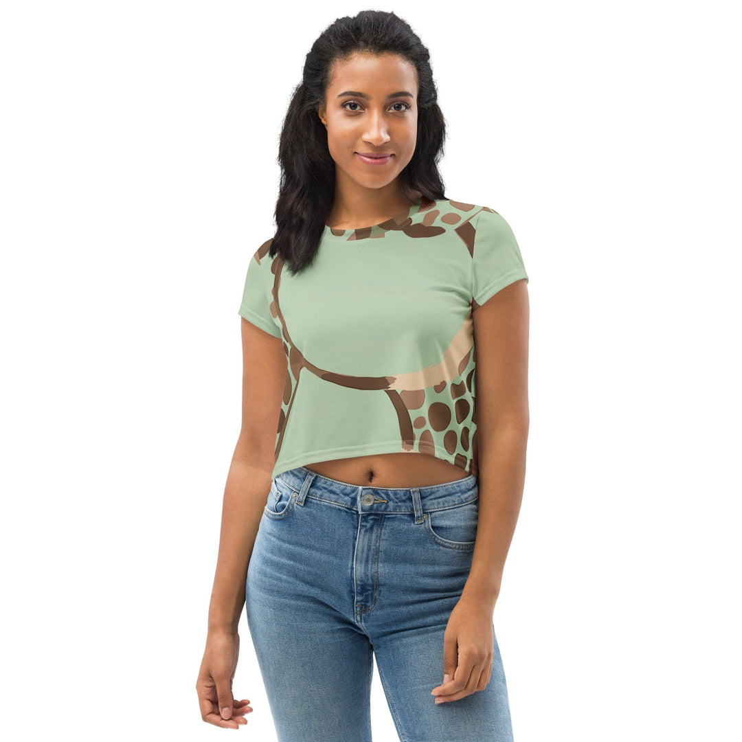 Womens Stretch Fit Crop Tee T-shirt - Green Beige Spotted Print