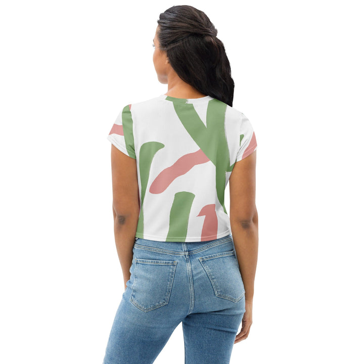 Womens Stretch Fit Crop Tee T-shirt - Green Mauve Abstract Brush Stroke Pattern