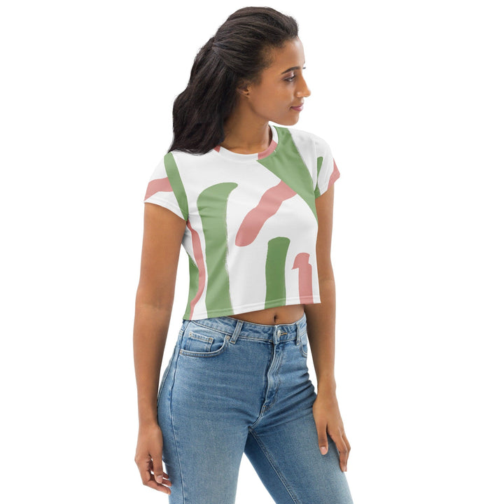 Womens Stretch Fit Crop Tee T-shirt - Green Mauve Abstract Brush Stroke Pattern