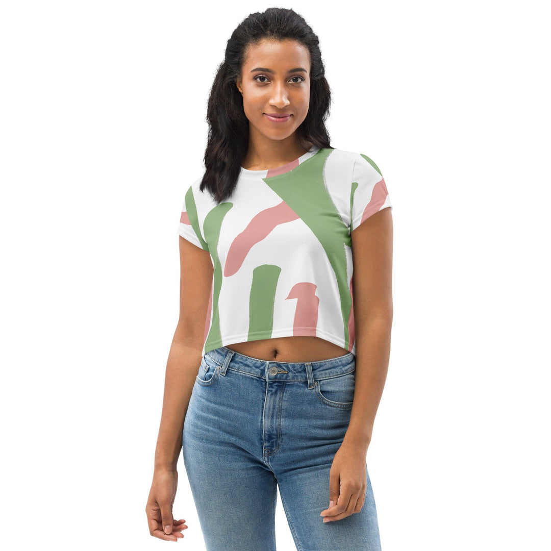 Womens Stretch Fit Crop Tee T-shirt - Green Mauve Abstract Brush Stroke Pattern