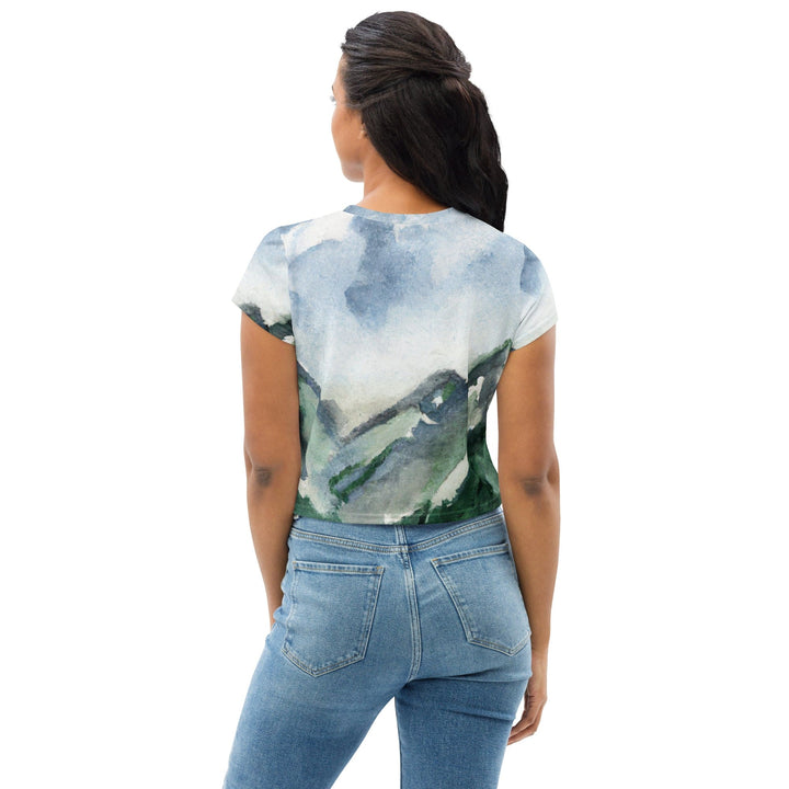 Womens Stretch Fit Crop Tee T-shirt - Green Mountainside Nature Landscape Blue