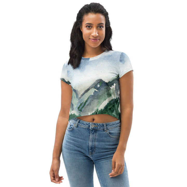 Womens Stretch Fit Crop Tee T-shirt - Green Mountainside Nature Landscape Blue
