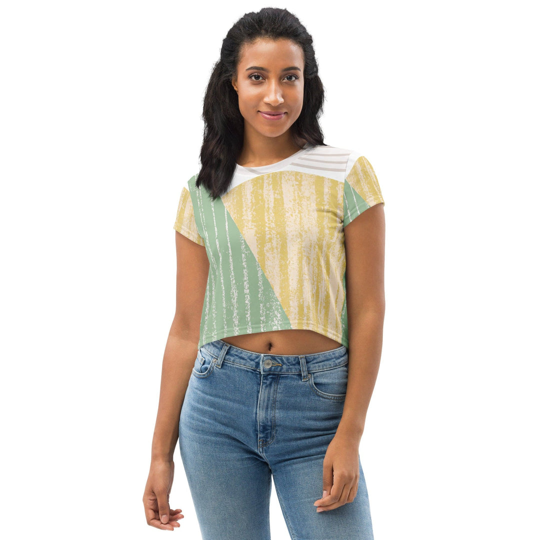 Womens Stretch Fit Crop Tee T-shirt - Green Textured Boho Pattern