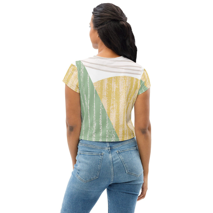 Womens Stretch Fit Crop Tee T-shirt - Green Textured Boho Pattern