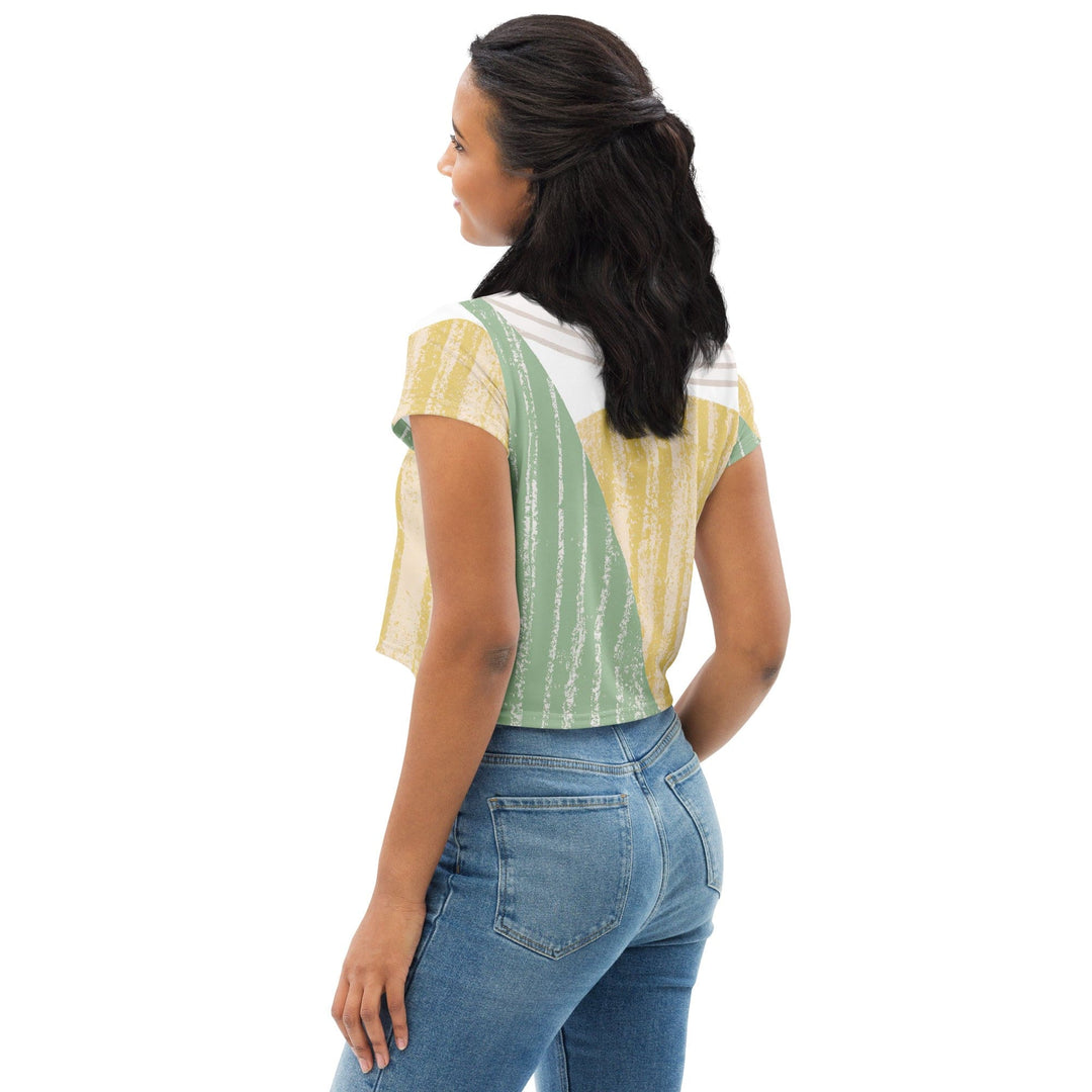 Womens Stretch Fit Crop Tee T-shirt - Green Textured Boho Pattern