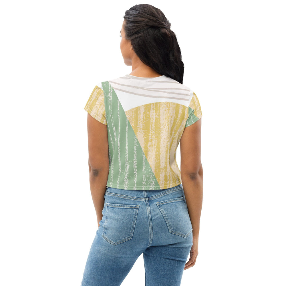 Womens Stretch Fit Crop Tee T-shirt - Green Textured Boho Pattern