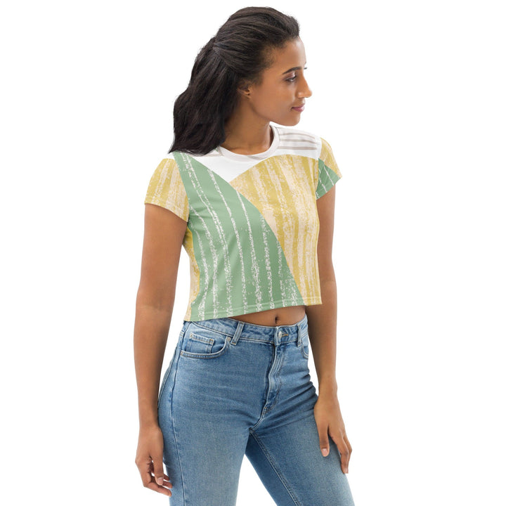 Womens Stretch Fit Crop Tee T-shirt - Green Textured Boho Pattern