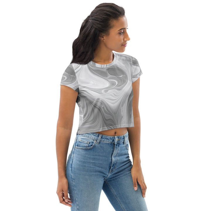 Womens Stretch Fit Crop Tee T-shirt - Grey White Boho Marble Print