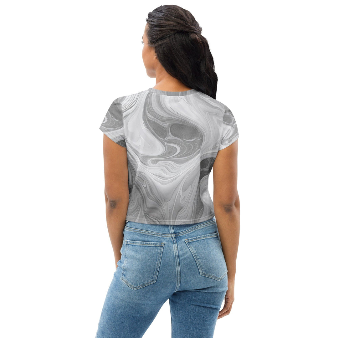 Womens Stretch Fit Crop Tee T-shirt - Grey White Boho Marble Print