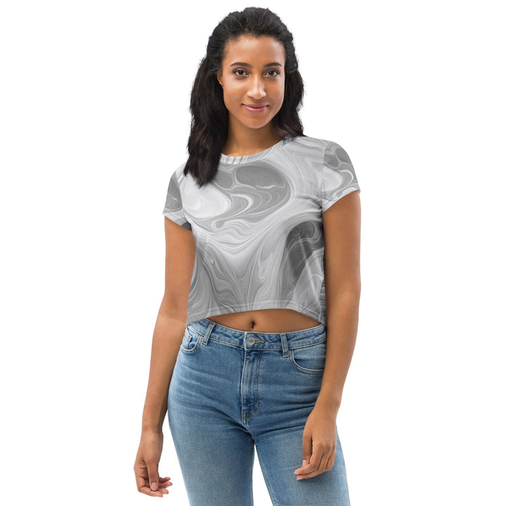 Womens Stretch Fit Crop Tee T-shirt - Grey White Boho Marble Print