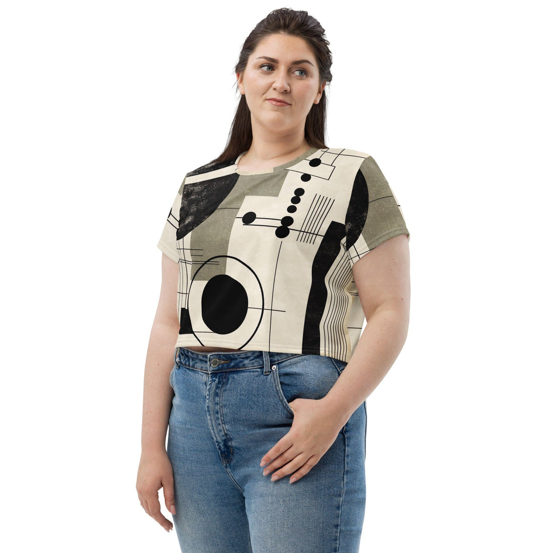 Womens Stretch Fit Crop Tee T-shirt Jersey - Abstract Black Beige Brown