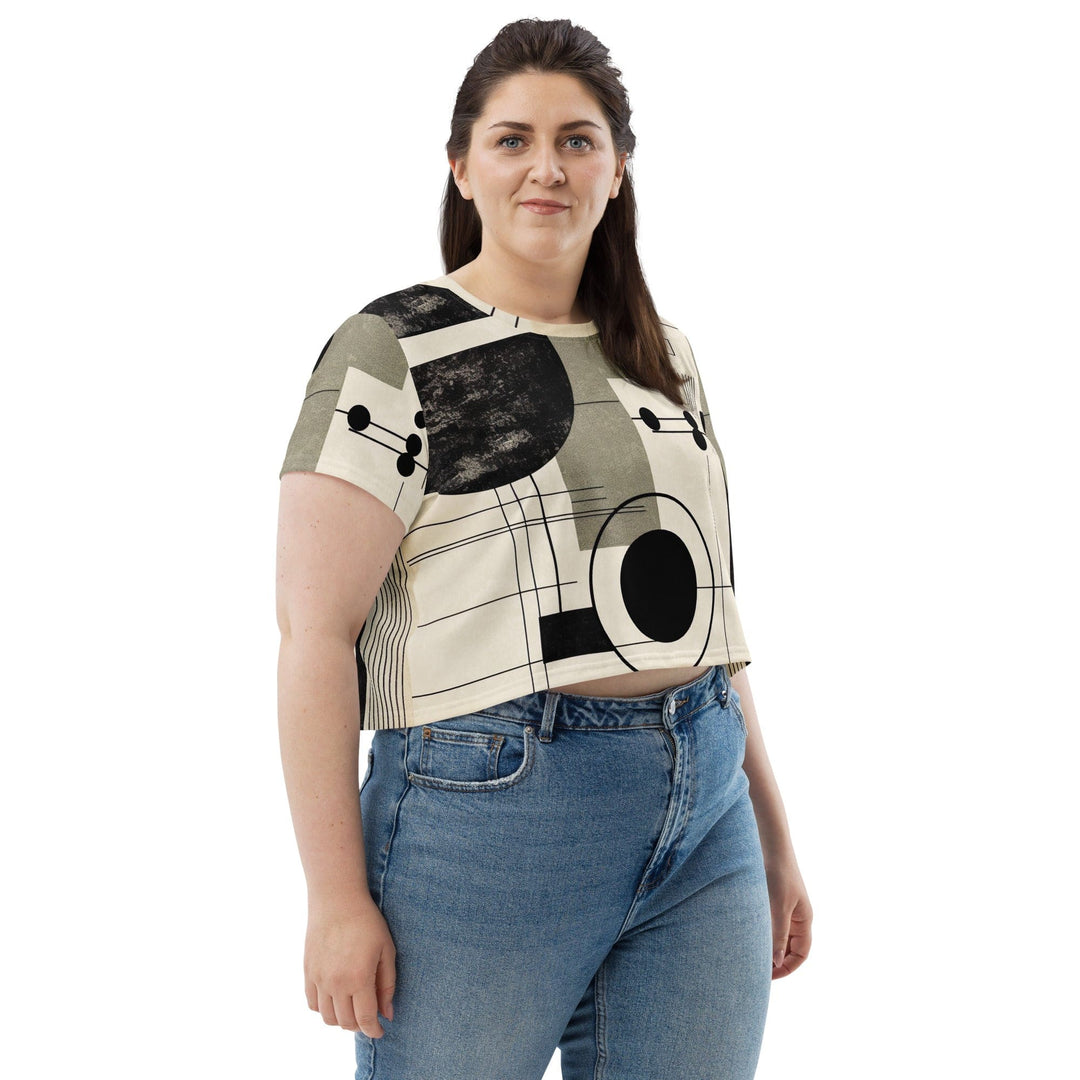 Womens Stretch Fit Crop Tee T-shirt Jersey - Abstract Black Beige Brown