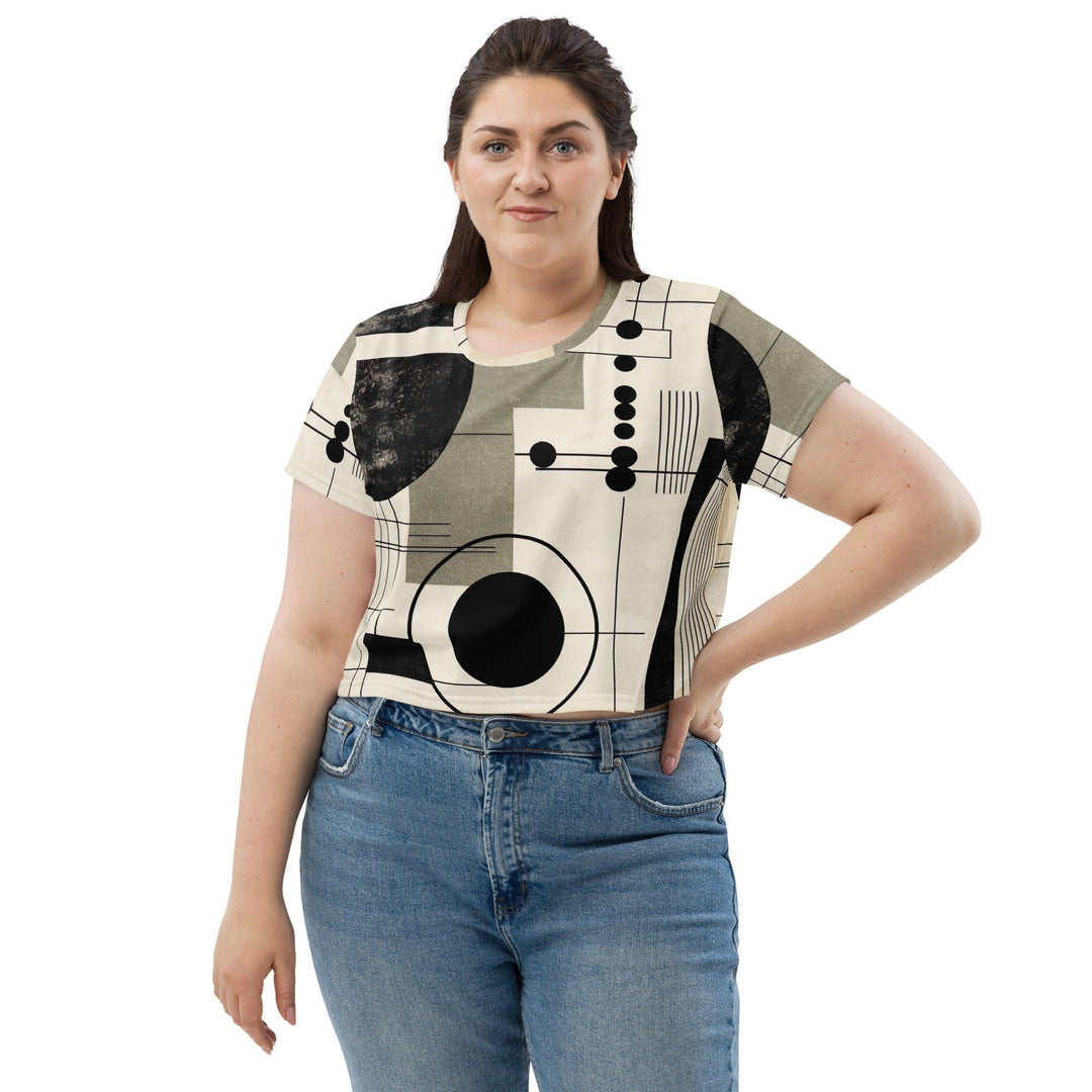 Womens Stretch Fit Crop Tee T-shirt Jersey - Abstract Black Beige Brown