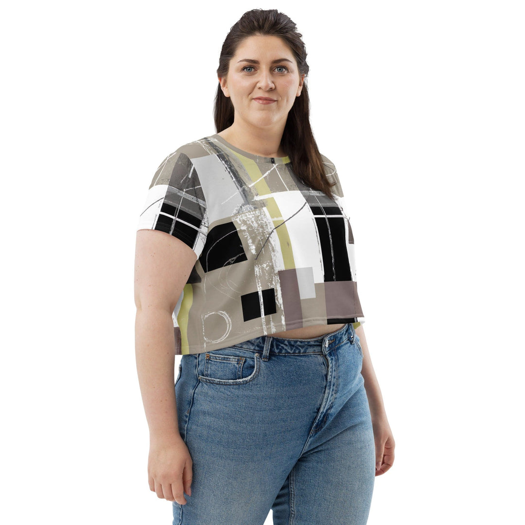 Womens Stretch Fit Crop Tee T-shirt Jersey - Abstract Brown Geometric Shapes