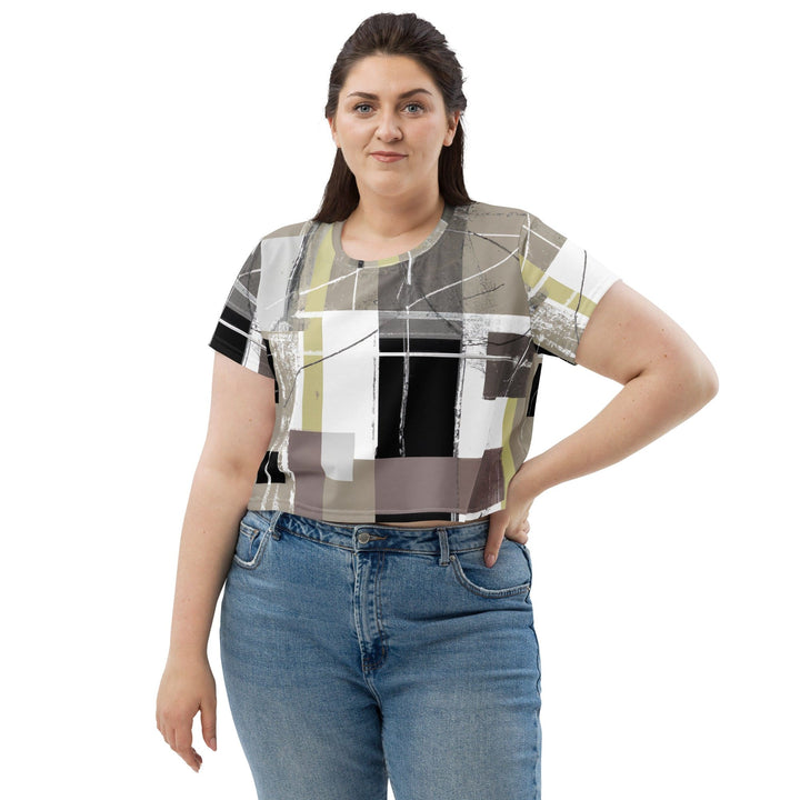 Womens Stretch Fit Crop Tee T-shirt Jersey - Abstract Brown Geometric Shapes