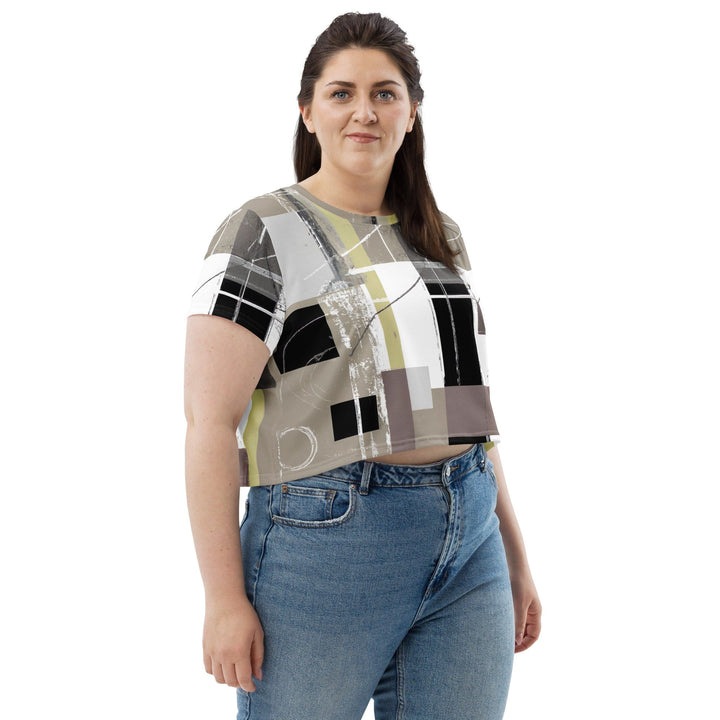 Womens Stretch Fit Crop Tee T-shirt Jersey - Abstract Brown Geometric Shapes