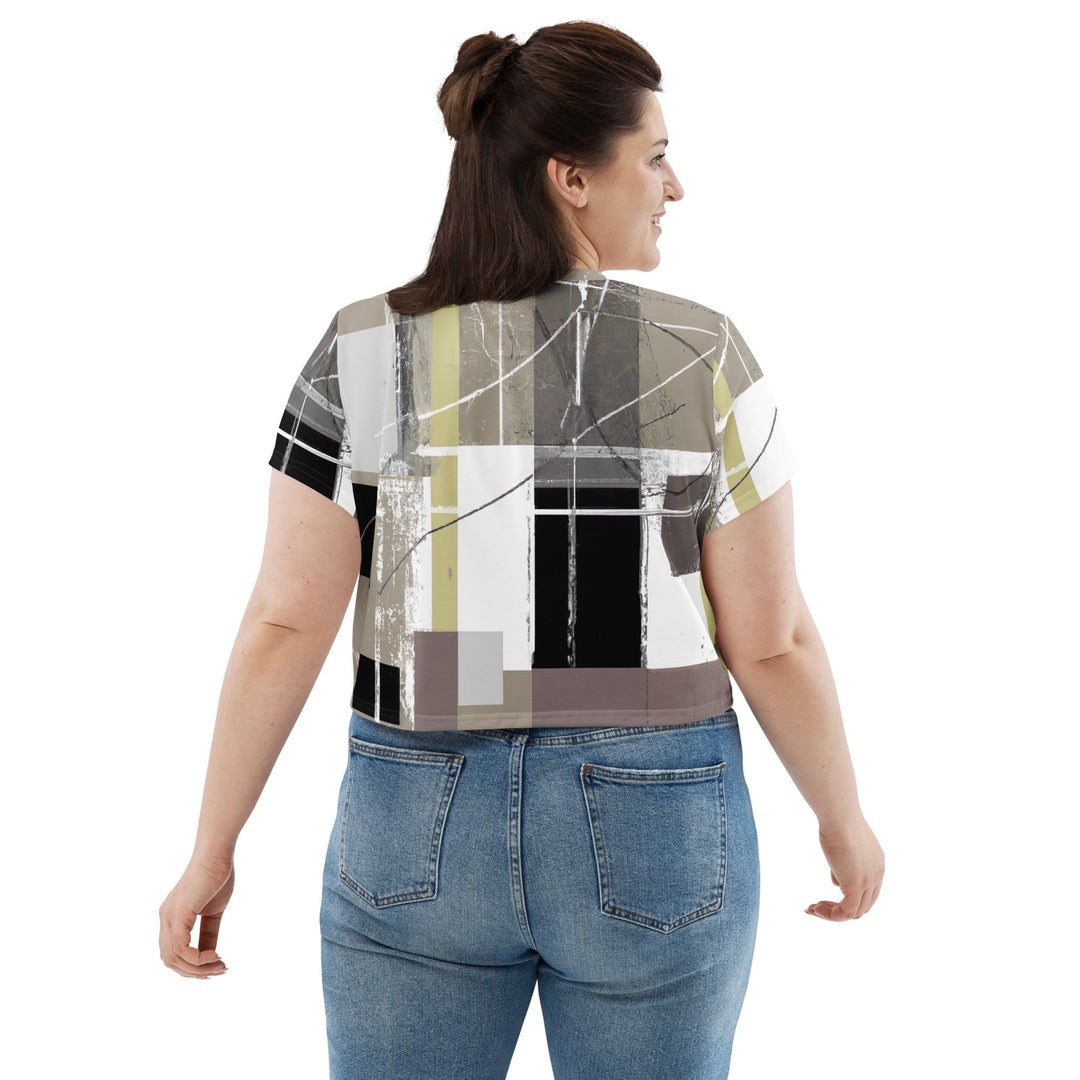 Womens Stretch Fit Crop Tee T-shirt Jersey - Abstract Brown Geometric Shapes
