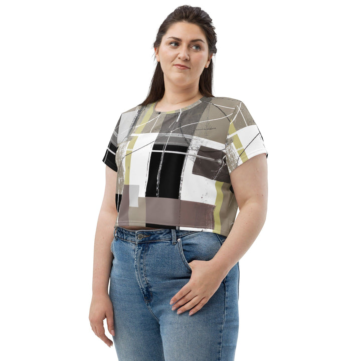 Womens Stretch Fit Crop Tee T-shirt Jersey - Abstract Brown Geometric Shapes