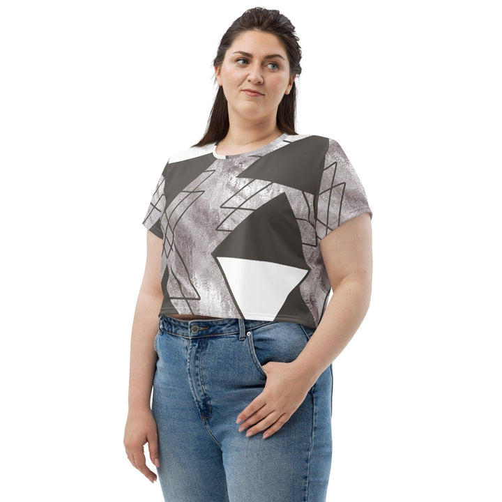 Womens Stretch Fit Crop Tee T-shirt Jersey - Ash Grey and White Triangular